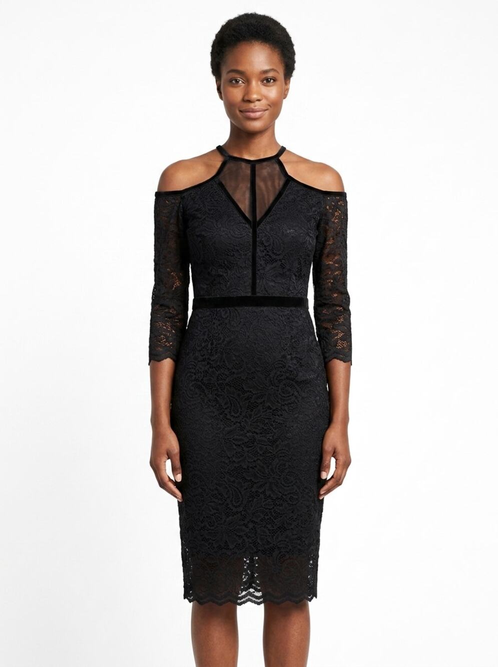 Express Black Lace Cold Shoulder Halter Neck Sheath Dress Women Size 8